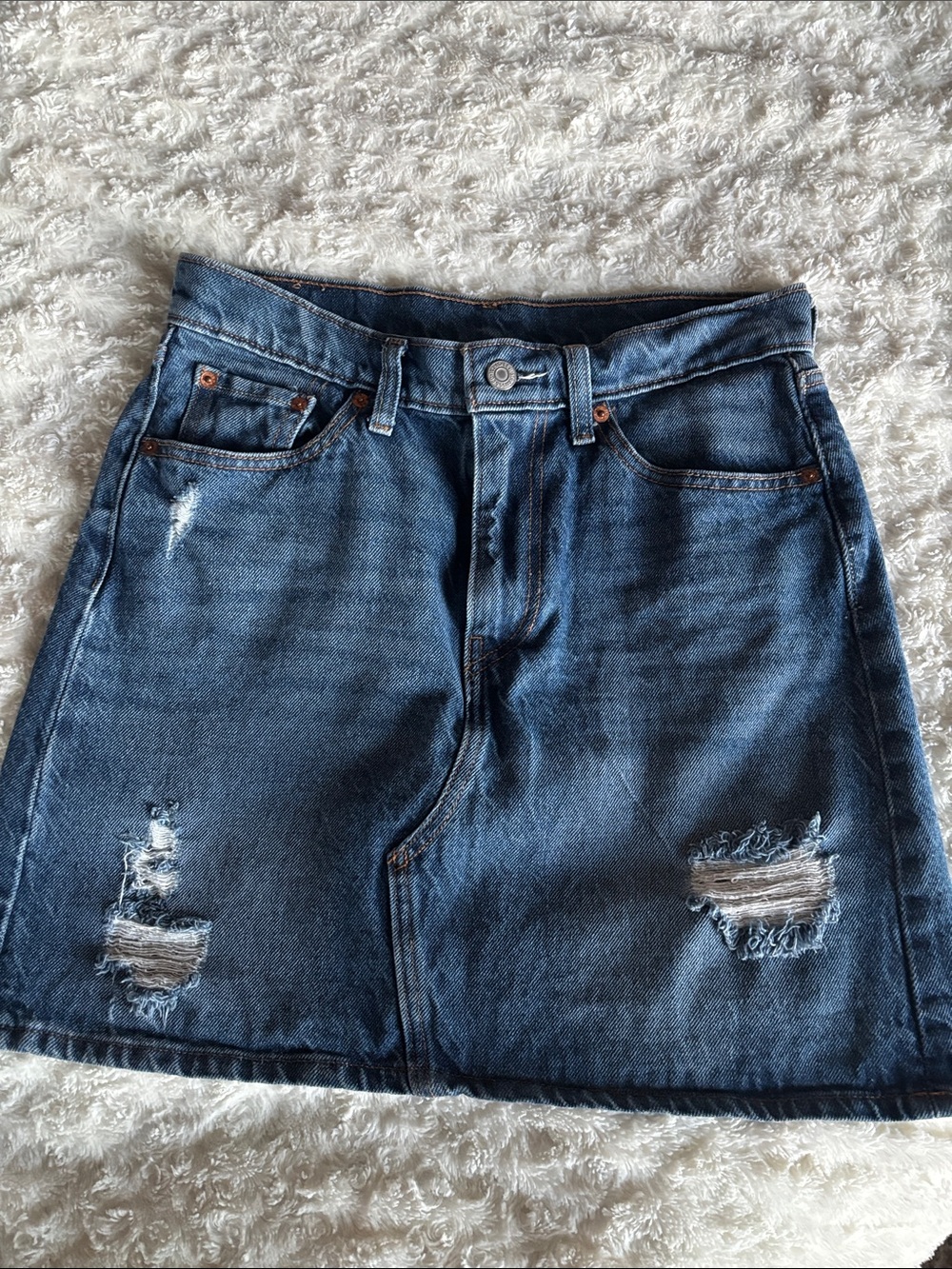 Levi's Medium Blue Distressed Denim High Waist Mini Skirt